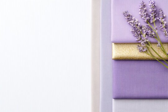 Modern mood board featuring soft violet fabric swatches and gold-painted ceramic tiles with floral accents for stylish interior design inspiration - Powered by Adobe