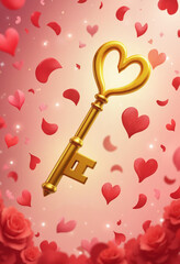 Golden heart-shaped key with swirling rose petals, romantic symbolism
