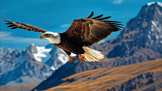 A majestic eagle soaring over stunning mountainous landscapes.

