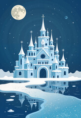 Fototapeta premium Intricate ice palace illuminated by full moon, winter elegance