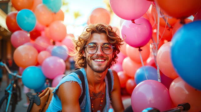 A man with glasses and a backpack smiles while riding a bike with balloons - Powered by Adobe