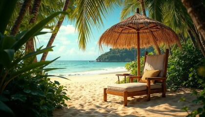 Beach Chaise Lounge Relaxing under Thatched Umbrella against Tropical Backdrop