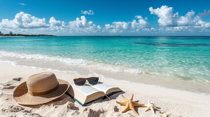 Obraz premium A book, straw hat, and sunglasses on a sandy beach with a turquoise ocean backdrop.