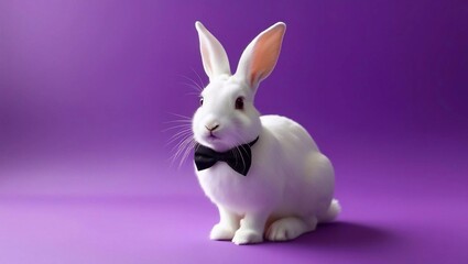 Obraz premium white rabbit with bow tie on purple background
