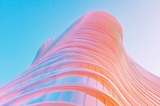 Modern architectural structure soars high into the pastel colored sky