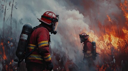 Obraz premium Two firefighters battling intense wildfire, smoke billowing.