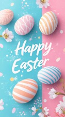 The image captures an array of vibrant Easter eggs complemented by spring flora on a bright backdrop, perfectly embodying the essence of Easter joy and celebration in a colorful manner.