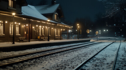 Fototapeta premium Old Train Station Covered in Snow with Fog and Warm Lights