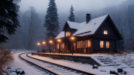 Fototapeta premium Old Train Station Covered in Snow with Fog and Warm Lights