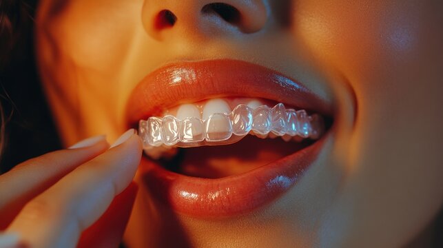 Female smiling with clear dental aligners on teeth close-up
