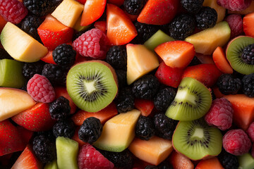 Obraz premium A vibrant close-up of fresh mixed fruit salad, featuring juicy kiwi, berries, melon, and strawberries, full of color and freshness.