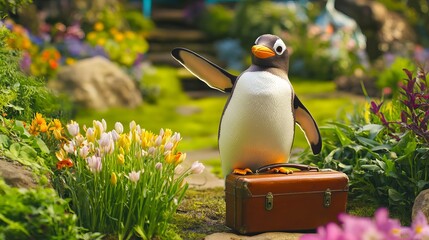 Penguin in Garden with Suitcase: Waving Goodbye Amidst Colorful Spring Flowers
