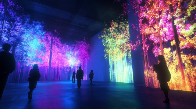 Abstract art exhibit with people in glowing trees, possible use in a museum or gallery
