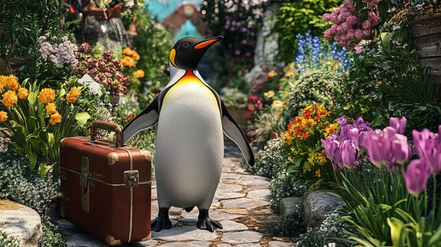 Penguin in Garden with Suitcase: Waving Goodbye Amidst Colorful Spring Flowers
