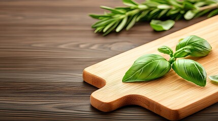 Fresh Basil and Rosemary on Wooden Cutting Board