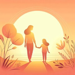 Fototapeta premium Sunrise Journey with Mother and Child