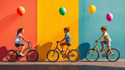 Three children riding bikes with balloons in the air