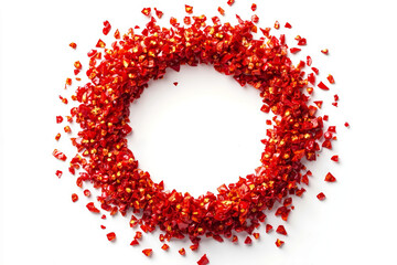 A circle of red and gold confetti on a white surface