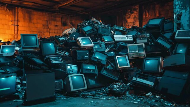 A warehouse filled with outdated TVs and computers showcases the impact of tech obsolescence and urban decay