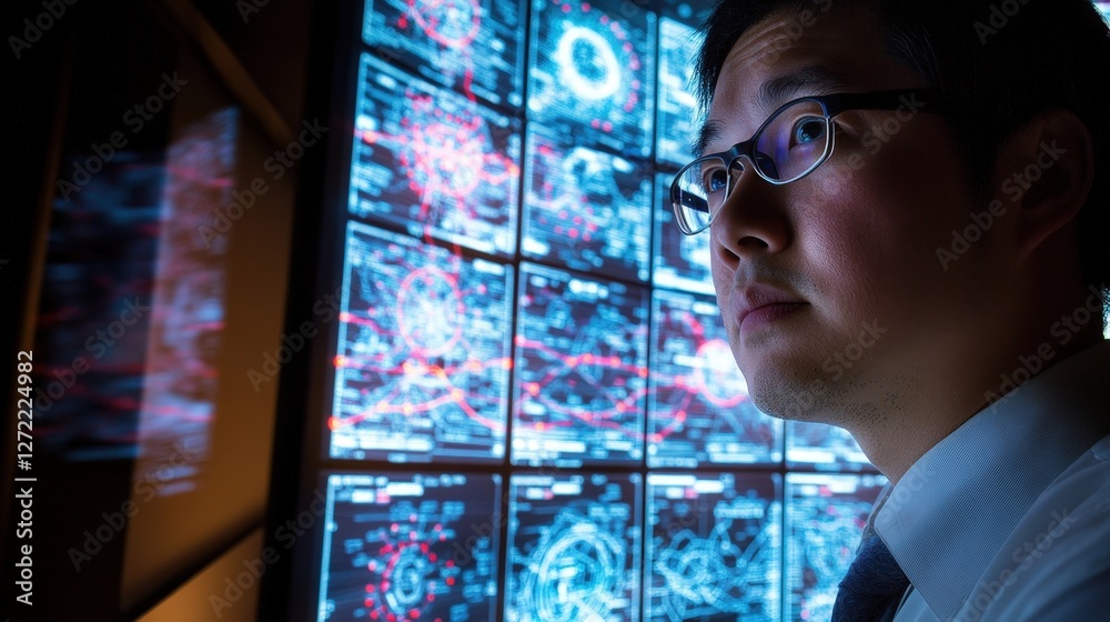 Poster asian it professional monitoring network security, analyzing data traffic on multiple computer scree