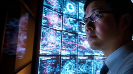 Asian it professional monitoring network security, analyzing data traffic on multiple computer screens in a dark data center, ensuring cyber safety and preventing potential threats