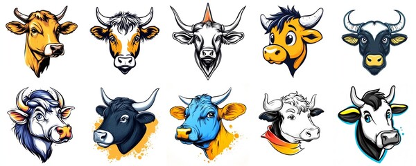 Cow and Bull Heads Portraits in Colorful Style