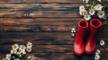 Wooden Background with Daisies: Red Boots and Spring Vibes
