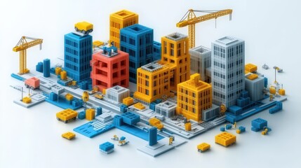 Colorful 3D cityscape model showcasing construction, urban life, and modern architecture