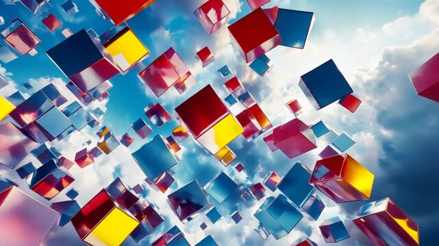 Colorful Abstract Cubes Floating in Cloudy Sky