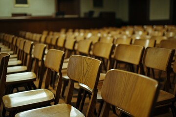 Rows of empty wooden chairs fill the courtroom jury box, showcasing a low-angle perspective that emphasizes the tranquil yet serious ambiance of the legal space