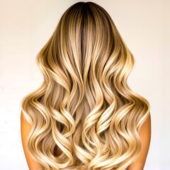 Naklejka premium A woman with long wavy blonde hair is shown from the back