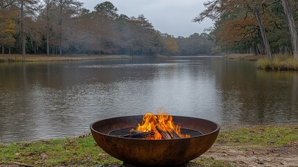 Lakeside fire pit burning, autumn woods, rain