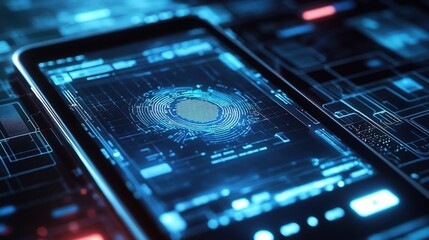 Fototapeta premium A macro shot of a secure smartphone app interface highlighting a unique user avatar and biometric scanning options with a luminous aura emanating from a layered security protocol graphic