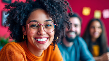 A woman wearing glasses smiling at the camera