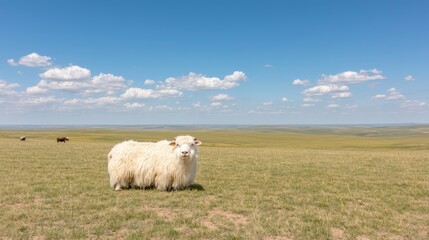 Fototapeta premium Fluffy White Sheep on a Sunny Prairie