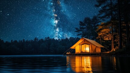 Fototapeta premium Lakeside glamping tent, starry night, Milky Way, tranquil lake