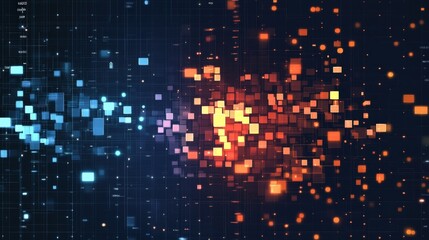 Complex data flow visualized with glowing squares and grid lines, creating an abstract representation of cyber security and data protection in the digital age