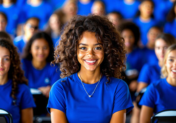 Fototapeta premium A group of young women in blue shirts sitting in a classroom