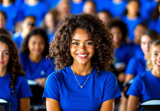 A group of young women in blue shirts sitting in a classroom