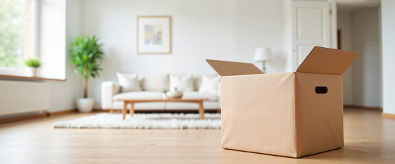 Minimalist living room with open moving box, fresh beginnings