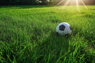 A soccer ball sits on a vibrant green grass field, basking in warm sunlight. The perfect clarity highlights the ball's details, creating an inviting outdoor atmosphere. With copy space for text