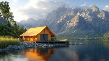 Fototapeta premium Lakeside luxury tent camping, mountain vista, tranquil sunrise