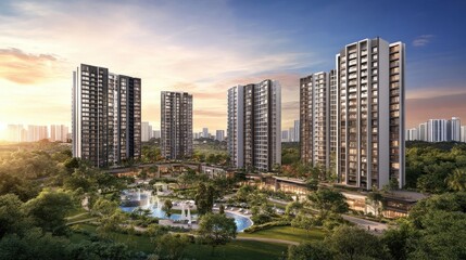 Modern urban high-rise apartments at sunset in vibrant cityscape