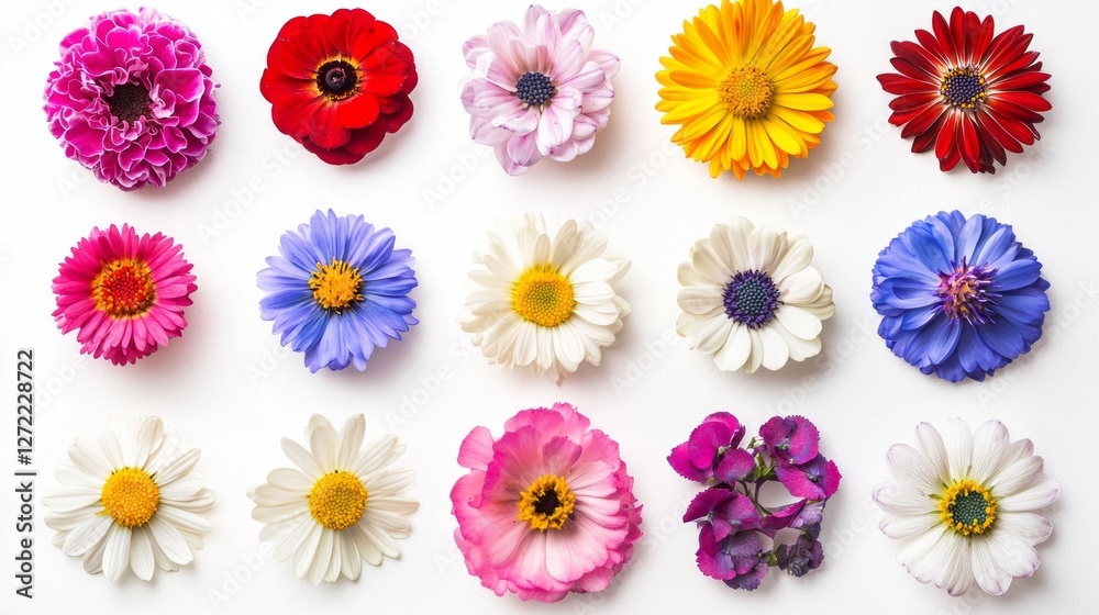 Poster A stunning display of colorful flowers arranged in a grid, highlighting unique shapes and shades. Each blossom radiates beauty, creating a harmonious visual experience