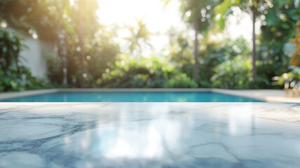 A smooth white marble table top in the foreground, with a blurred tropical resort swimming pool and lush greenery in the background, creating a bright, summery setting for product display or montage.
