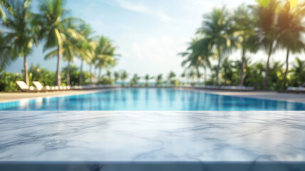 A smooth white marble table top in the foreground, with a blurred tropical resort swimming pool and lush greenery in the background, creating a bright, summery setting for product display or montage.