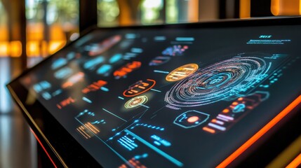 Interactive information kiosk display showcasing digital technology visuals