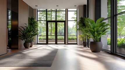 Sunlit modern interior with large windows and lush green plants in a bright room