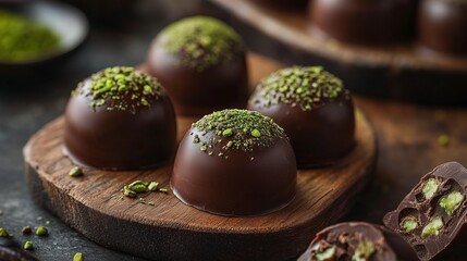 Obraz premium chocolates with pistaccio filling isolated on wooden board as a snack