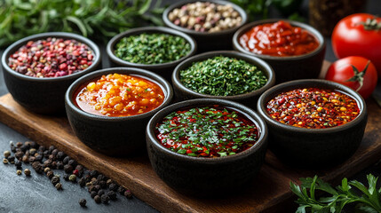 Fototapeta premium Colorful Assortment of Delicious Sauces and Spices